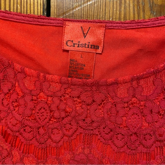 V Cristina Red Lace 3/4 Sleeve Blouse Size L Scoop Neck Lined Oversized Party - Picture 8 of 9